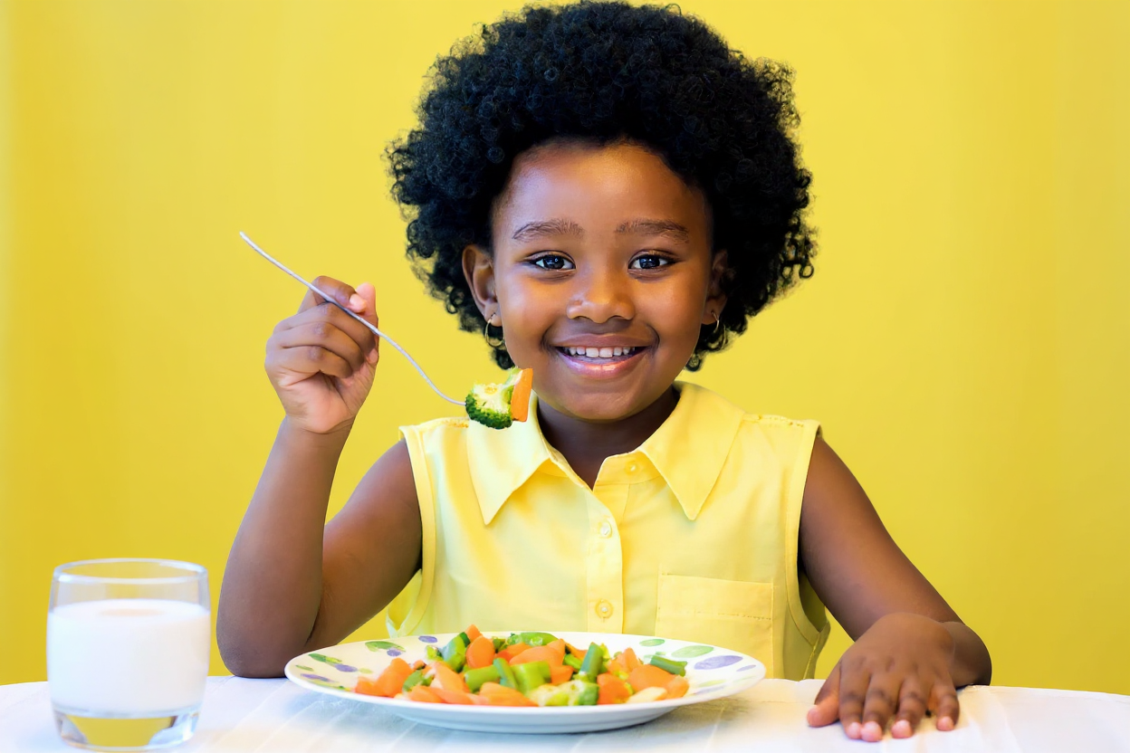Criança feliz comendo uma refeição saudável